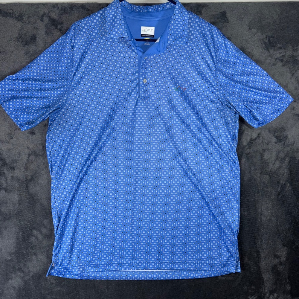 Mens Large Greg Norman Polo Shirt Blue Excellent Play Dry Geometric Golf Top